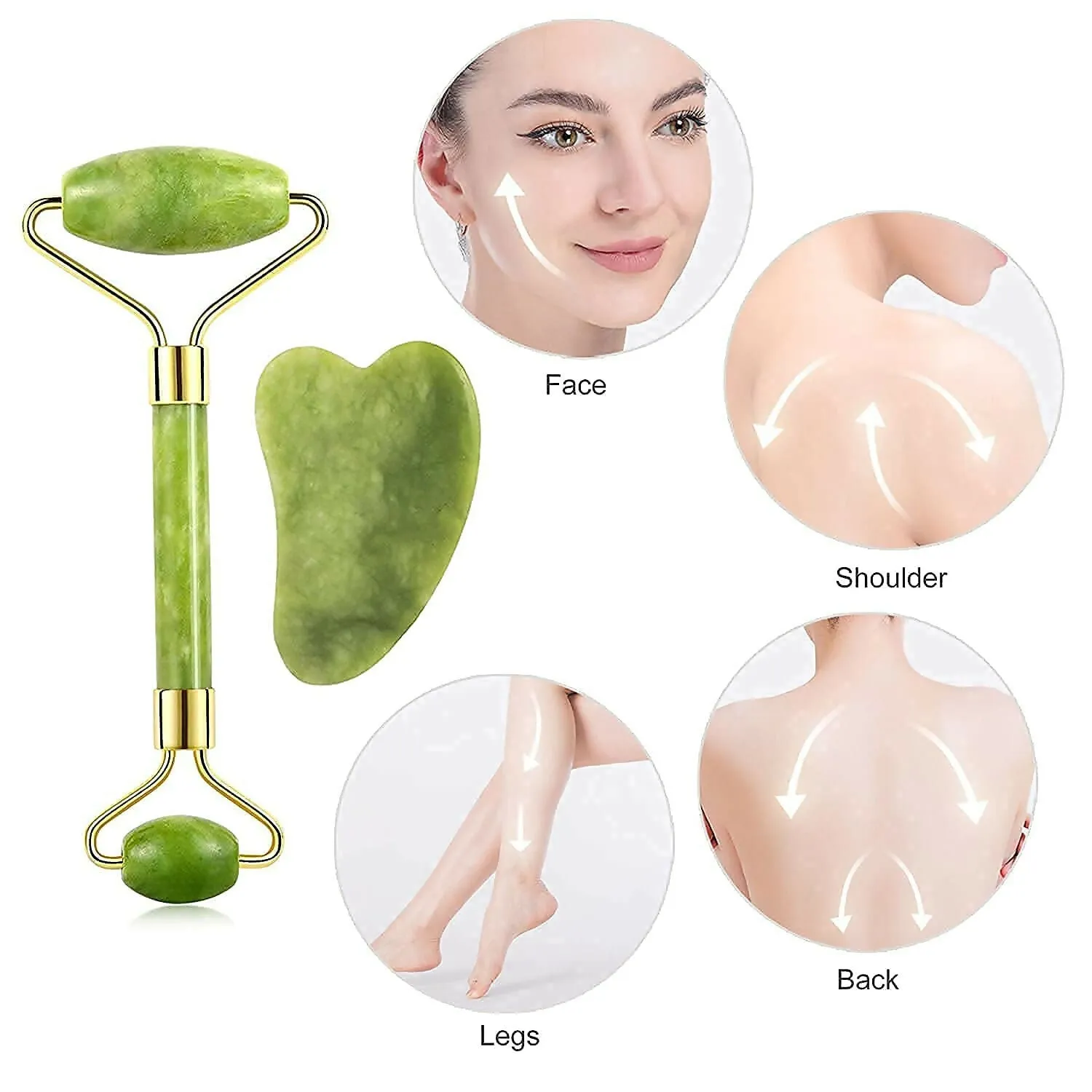 Natural Jade Roller and Gua Sha Set - Facial Massager for Face, Neck, Eyes, and Feet - 100% Authentic Jade Stone