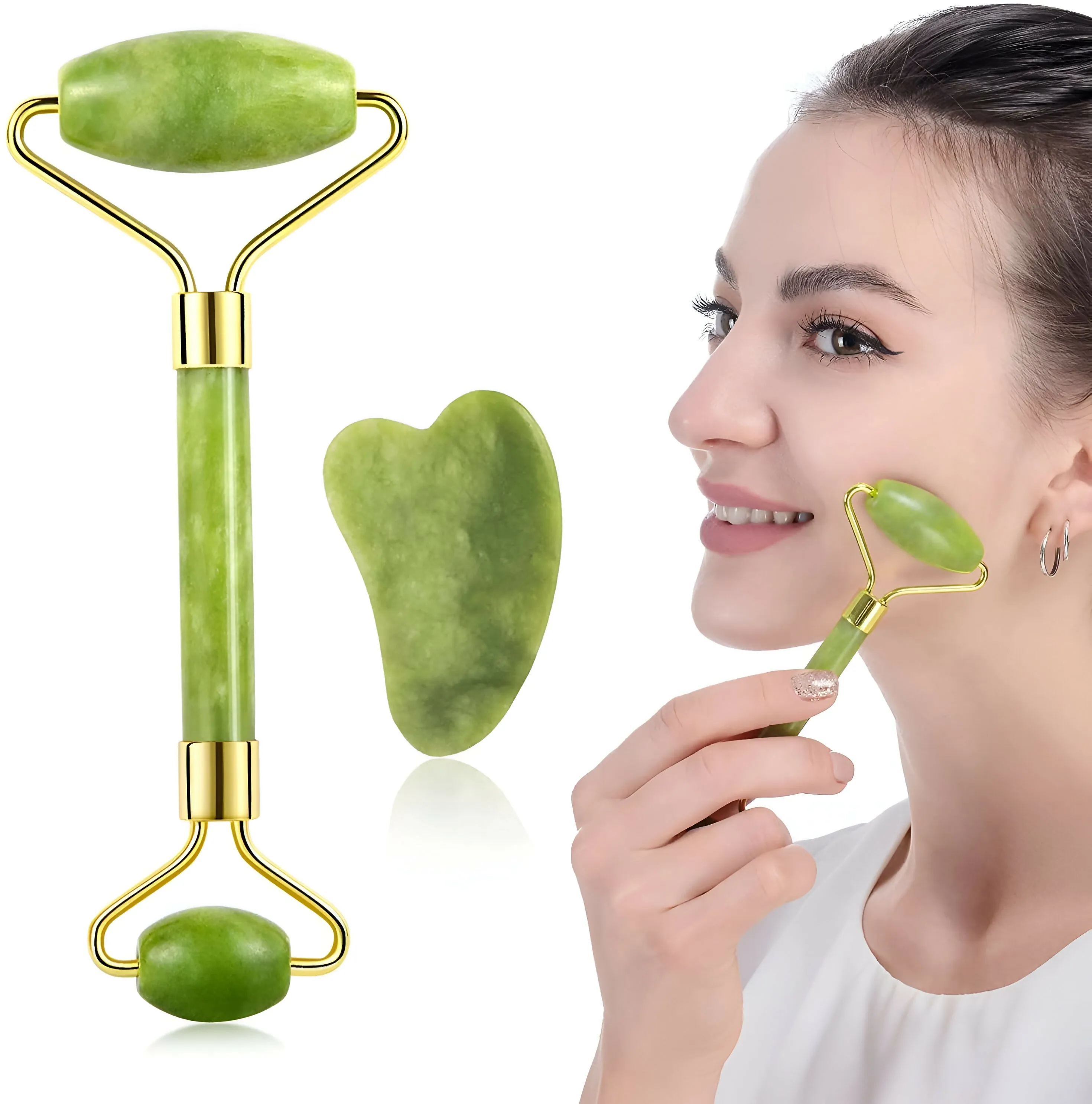 Natural Jade Roller and Gua Sha Set - Facial Massager for Face, Neck, Eyes, and Feet - 100% Authentic Jade Stone